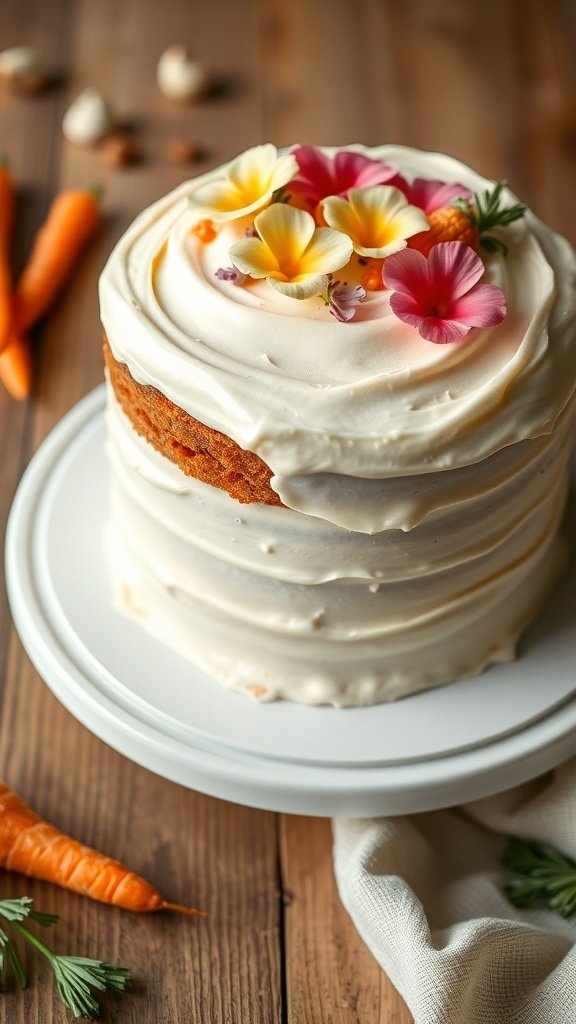 A beautifully decorated carrot cake with cream cheese frosting and flowers on top, surrounded by fresh carrots.