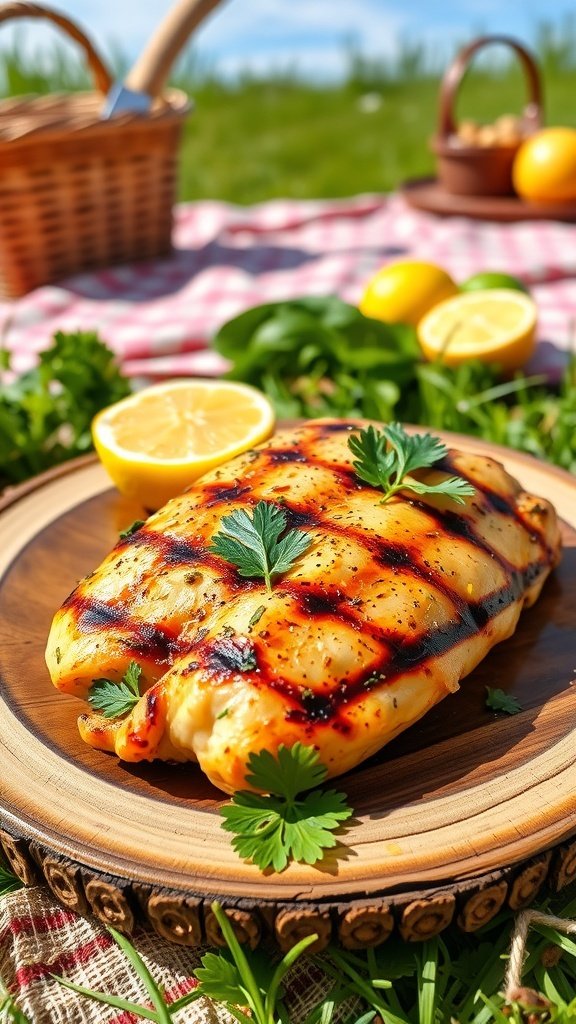 Grilled lemon herb chicken on a wooden plate with lemon slices and parsley, set in a picnic scene.