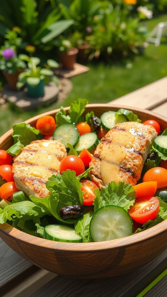A colorful salad with grilled chicken, cherry tomatoes, cucumbers, and mixed greens in a wooden bowl.