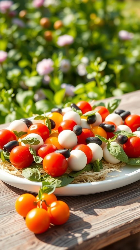 A platter of colorful antipasto skewers featuring cherry tomatoes, mozzarella balls, olives, and basil, set against a sunny garden background.