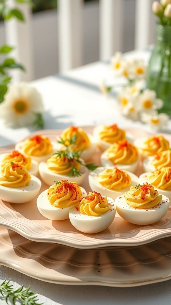 A platter of beautifully decorated deviled eggs topped with paprika and herbs.