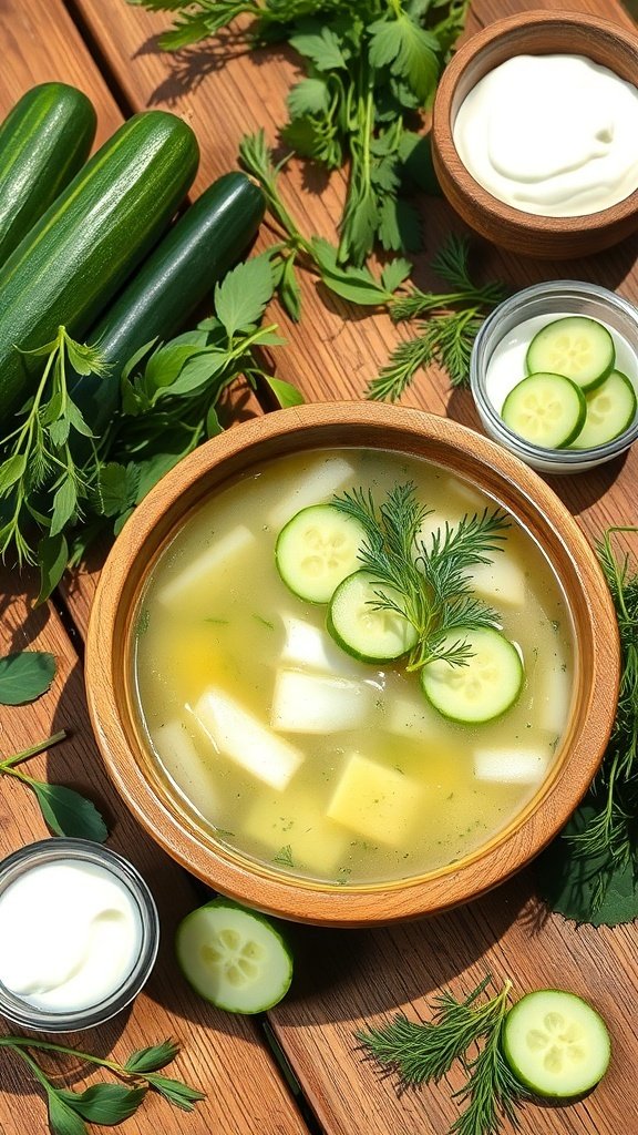 Chilled cucumber soup with fresh herbs and yogurt on a wooden table