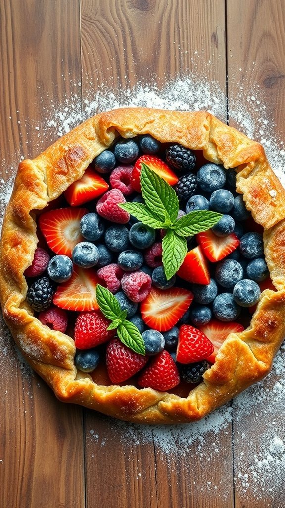 A delicious berry galette topped with fresh strawberries, blueberries, raspberries, and blackberries, garnished with mint leaves on a wooden table.