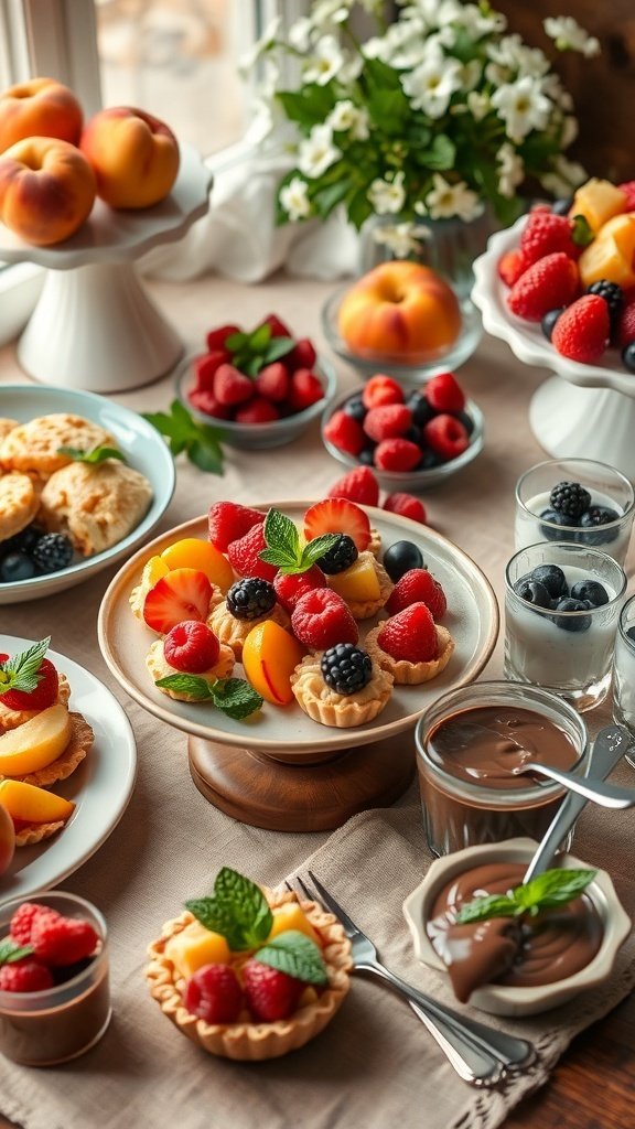 A variety of colorful fruit tarts and chocolate sauce on a table, perfect for a summer dinner party dessert.