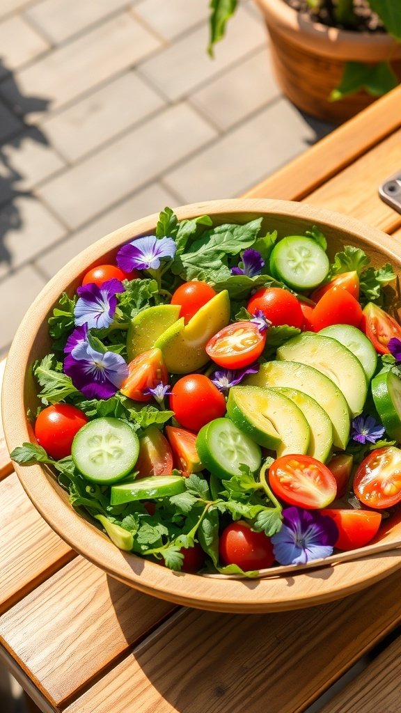 A vibrant salad with mixed greens, cherry tomatoes, cucumber, avocado, and edible flowers in a wooden bowl.