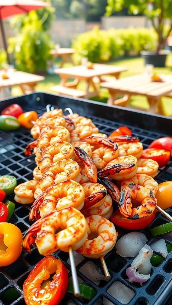 Grilled shrimp skewers with colorful vegetables on a barbecue grill