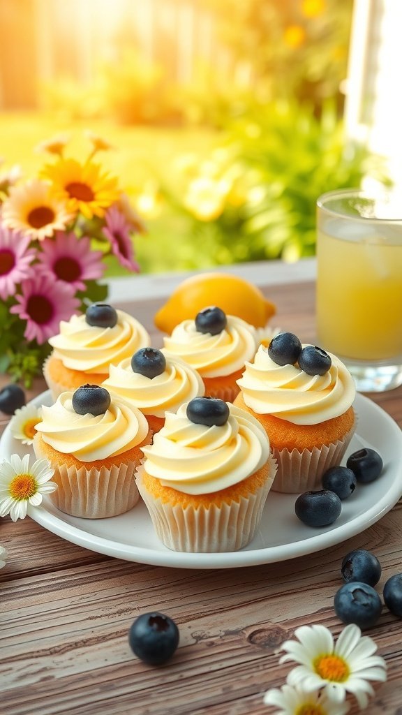 A plate of lemon blueberry cupcakes with yellow frosting and fresh blueberries, surrounded by flowers and a glass of lemonade.