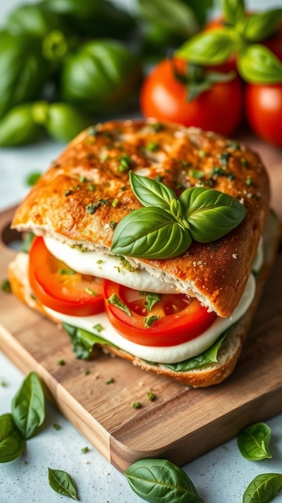 A delicious Caprese sandwich with fresh tomatoes, mozzarella, and basil on a wooden cutting board.