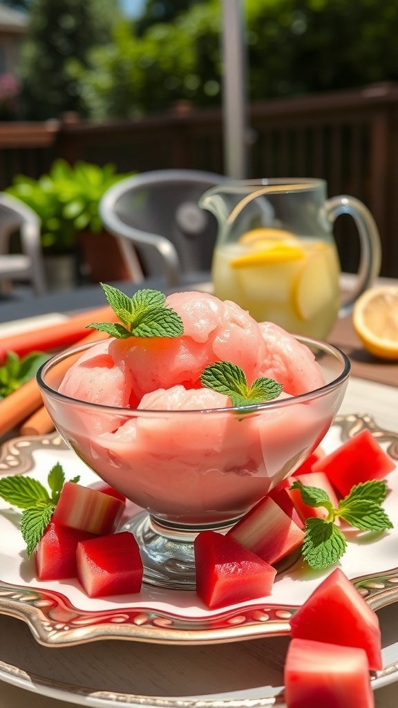 A bowl of rhubarb sorbet garnished with mint leaves, surrounded by fresh rhubarb pieces and a pitcher of lemonade.