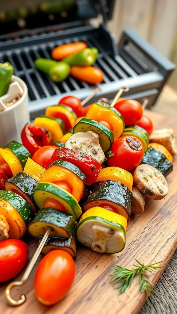 Colorful grilled vegetable skewers ready for a summer birthday celebration.