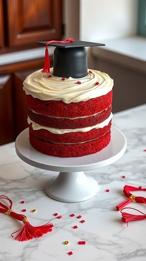 A rich red velvet graduation cake with cream cheese frosting, topped with a graduation cap and tassel.