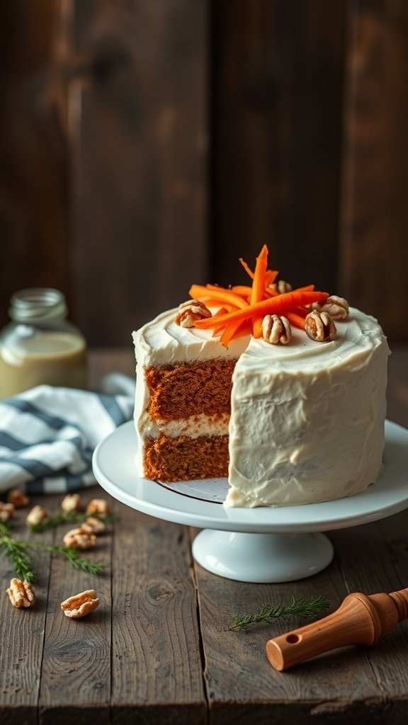 A moist and flavorful classic carrot cake with cream cheese frosting, topped with carrot shavings and pecans.