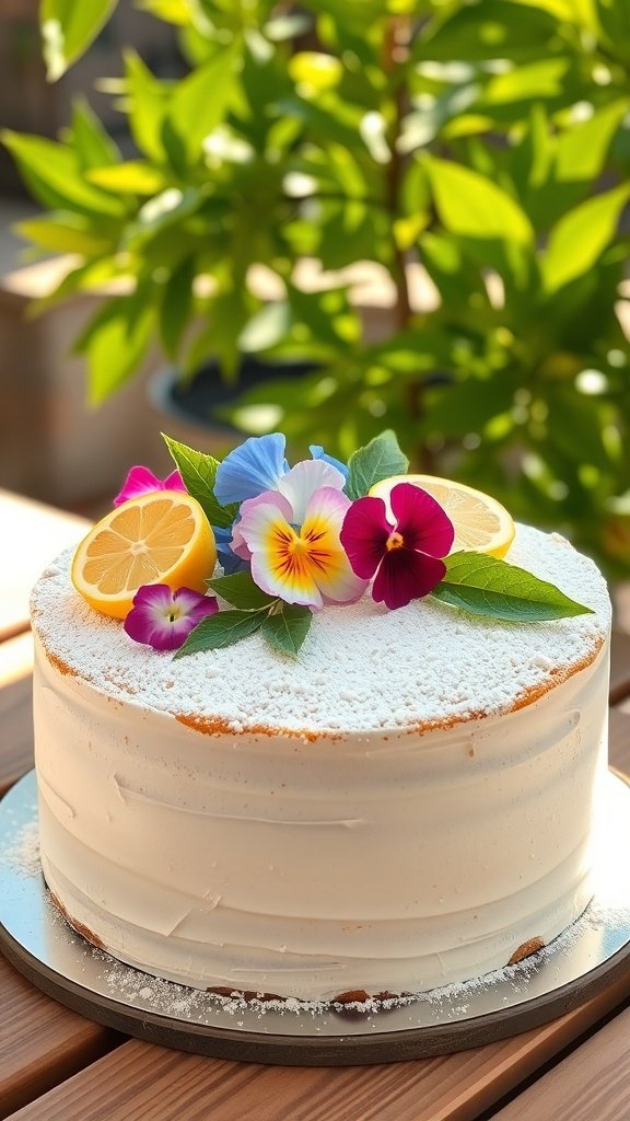 A beautifully decorated lemon cake topped with flowers and lemon slices