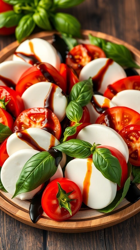 A vibrant Caprese salad with tomatoes, mozzarella, and basil drizzled with balsamic glaze.