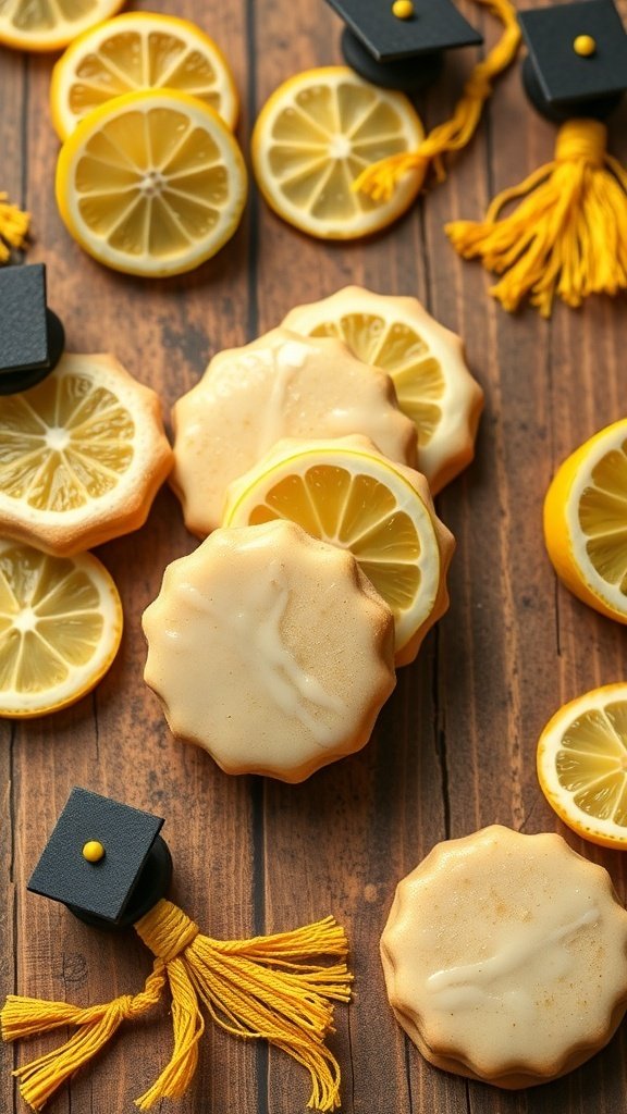 Decorated lemon zest cookies with graduation caps and lemon slices on a wooden surface.