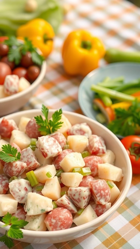 A bowl of creamy potato salad with diced potatoes and sausage, garnished with parsley, on a picnic table.