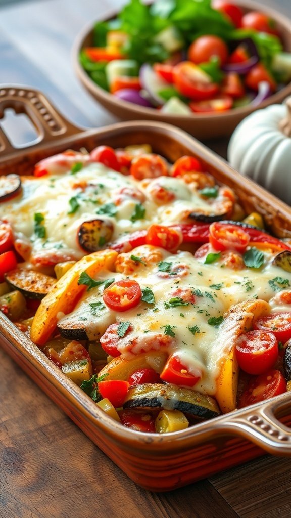A hearty Mediterranean veggie casserole topped with melted cheese, surrounded by fresh salad ingredients.