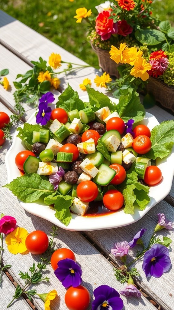A colorful summer salad with cherry tomatoes, cucumbers, feta cheese, and mixed greens, surrounded by flowers.
