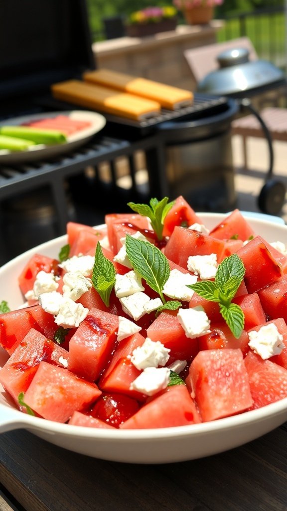 A bowl of watermelon feta salad with mint leaves, set against a BBQ grill backdrop.