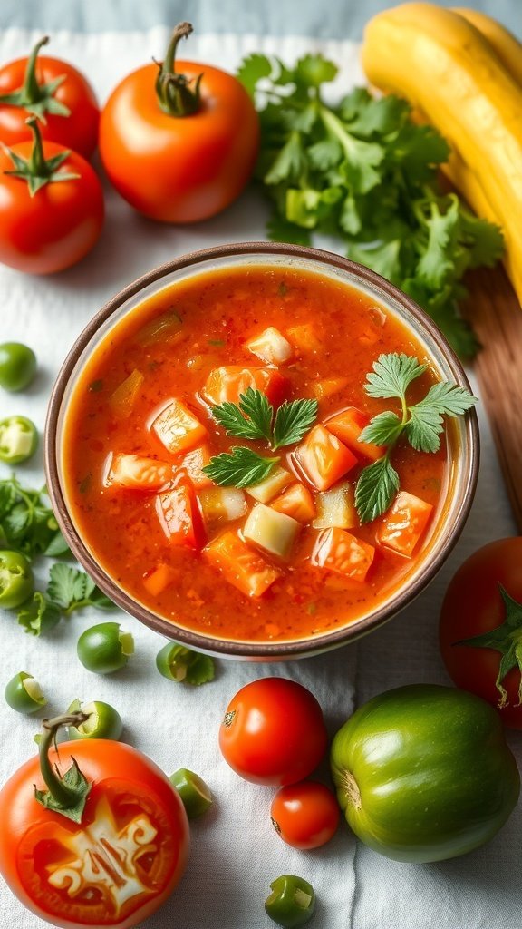 A bowl of gazpacho with fresh vegetables, surrounded by tomatoes and herbs.