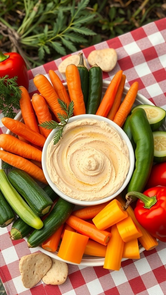 A colorful platter of fresh vegetables including carrots, cucumbers, bell peppers, and zucchini, served with a bowl of hummus.