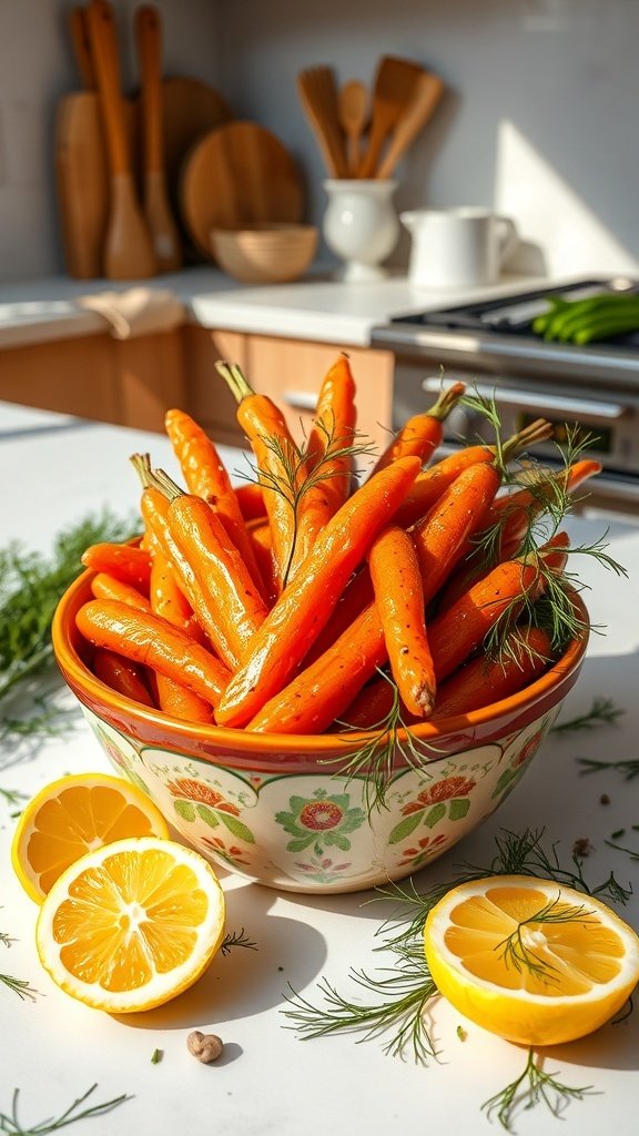 A bowl of air fryer carrots garnished with dill and lemon slices