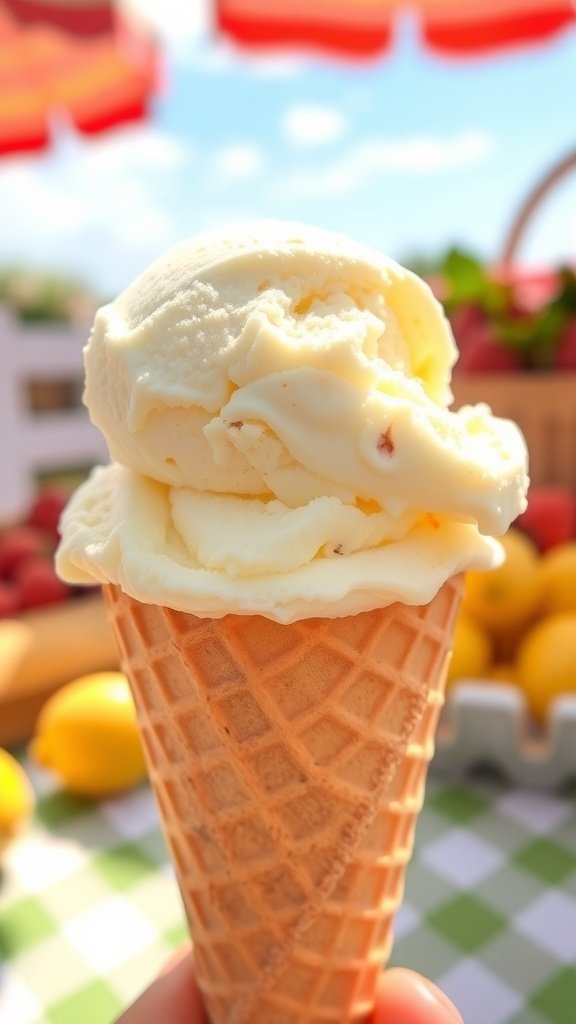 A scoop of creamy vanilla bean ice cream in a waffle cone, set against a sunny outdoor backdrop.