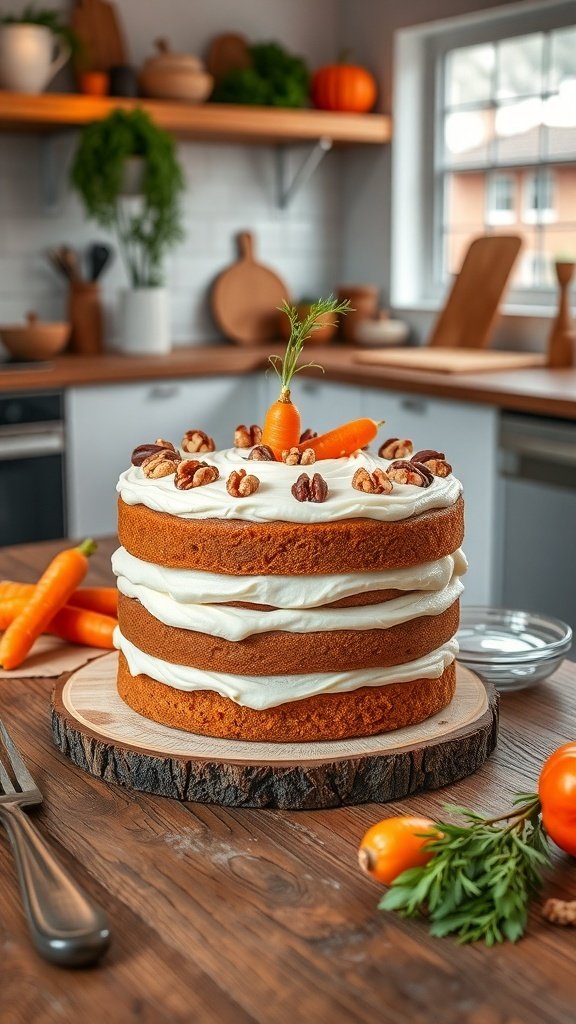 A beautifully layered carrot cake topped with cream cheese frosting, garnished with a small carrot and pecans, placed on a rustic wooden base.