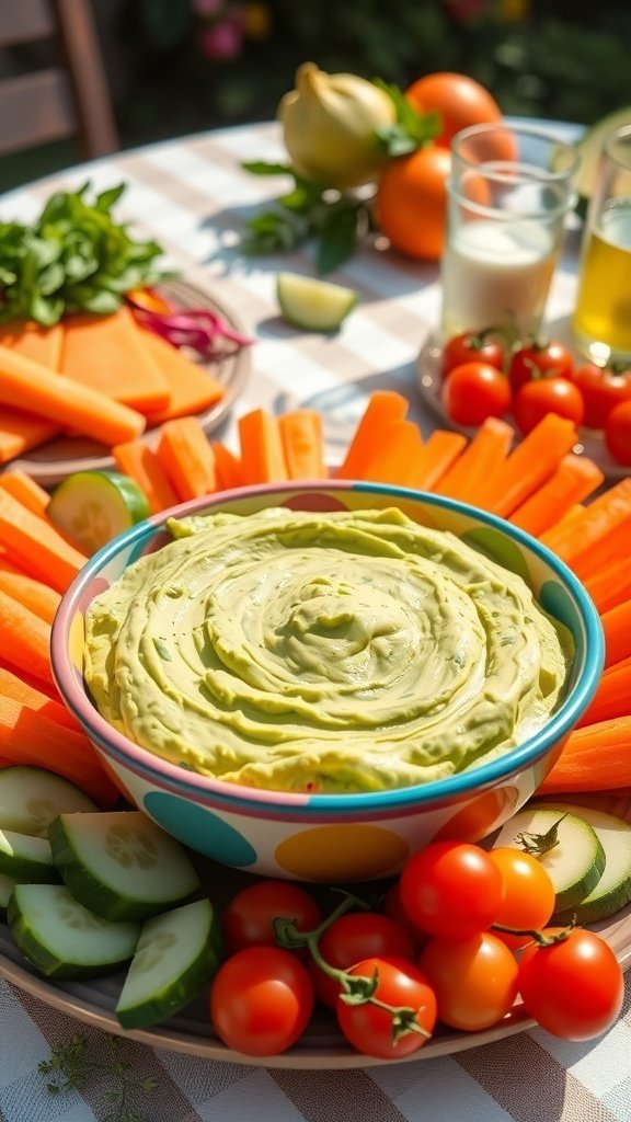 A bowl of creamy avocado dip surrounded by fresh vegetables like carrots, cucumbers, and cherry tomatoes.