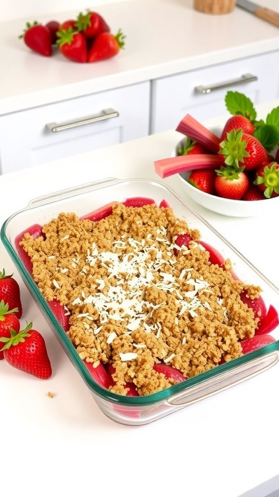 A delicious vegan strawberry rhubarb crisp in a glass baking dish, topped with a golden crumbly mixture, surrounded by fresh strawberries and rhubarb.