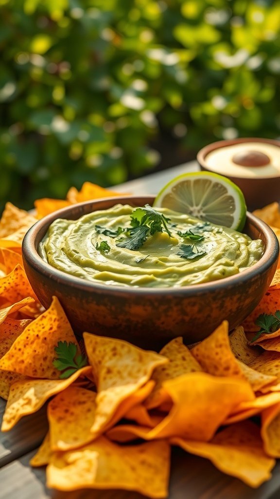 A bowl of creamy avocado dip surrounded by tortilla chips, garnished with lime and cilantro.