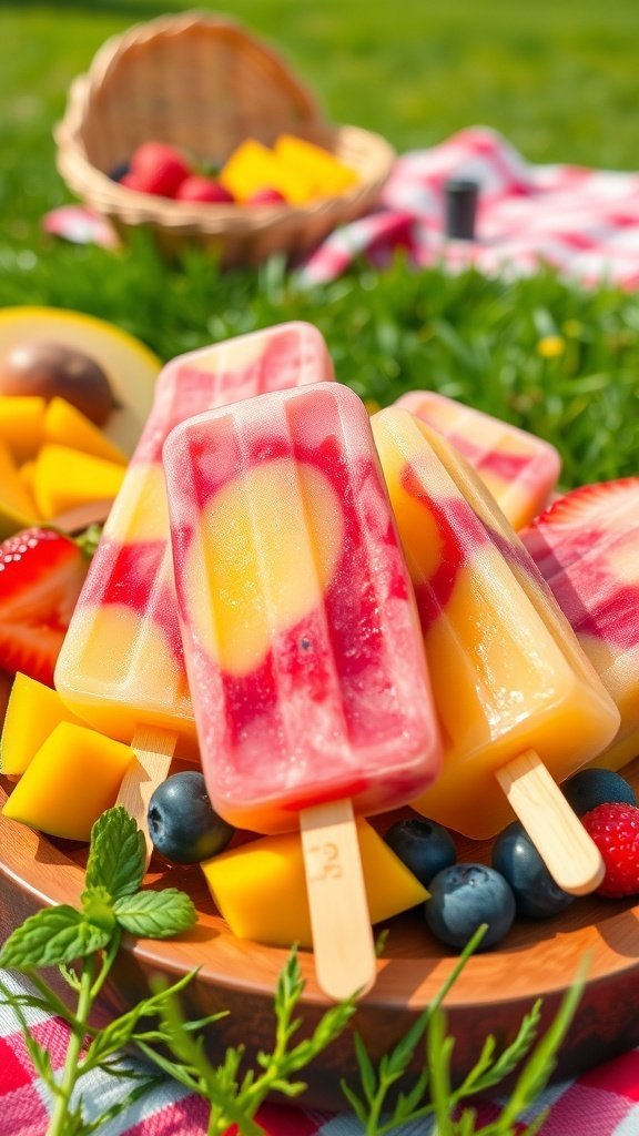 Colorful fruit popsicles on a wooden plate with fresh fruits in a basket