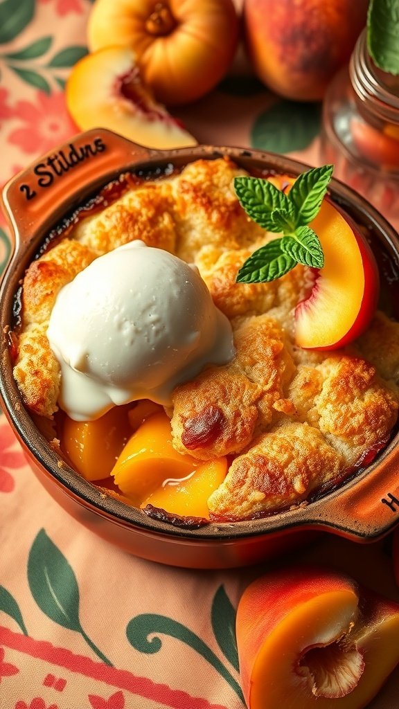 A delicious peach cobbler topped with ice cream, surrounded by fresh peaches.
