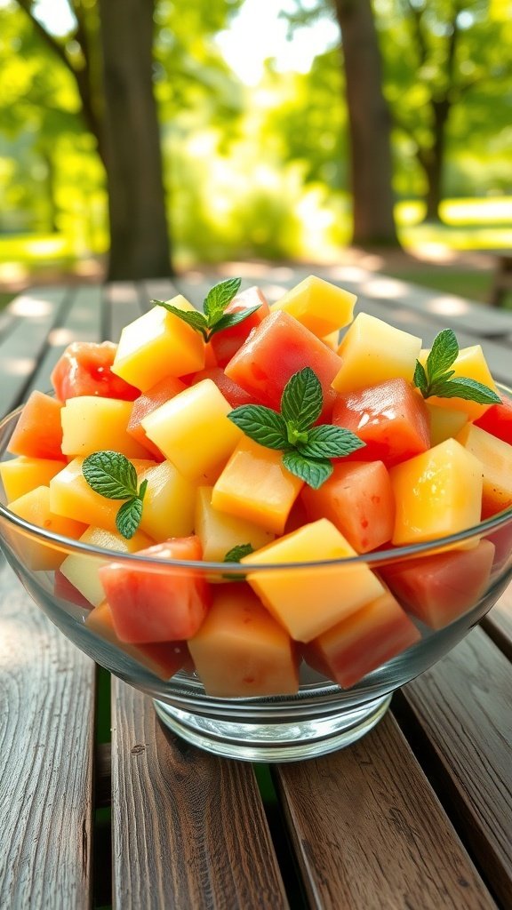 A refreshing bowl of melon salad with watermelon, cantaloupe, and honeydew, garnished with mint leaves.