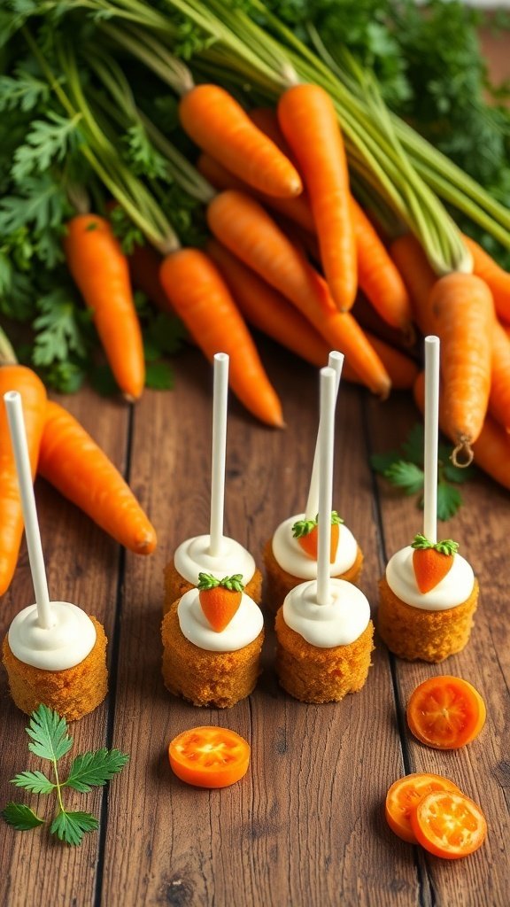 Carrot cake pops with small fondant carrots on top, surrounded by fresh carrots.