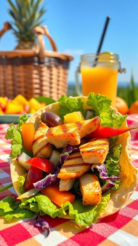 A colorful wrap filled with grilled chicken, lettuce, and veggies, served with a refreshing drink.