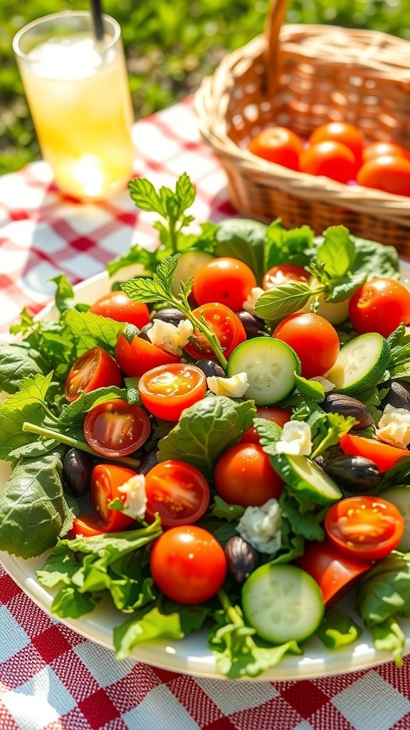 A vibrant summer salad with tomatoes, cucumbers, olives, and greens on a picnic blanket.