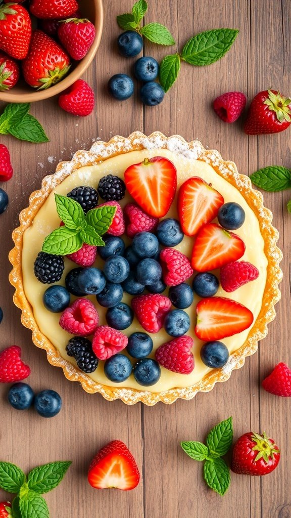 A summer berry tart topped with strawberries, blueberries, raspberries, and blackberries, surrounded by fresh mint leaves.