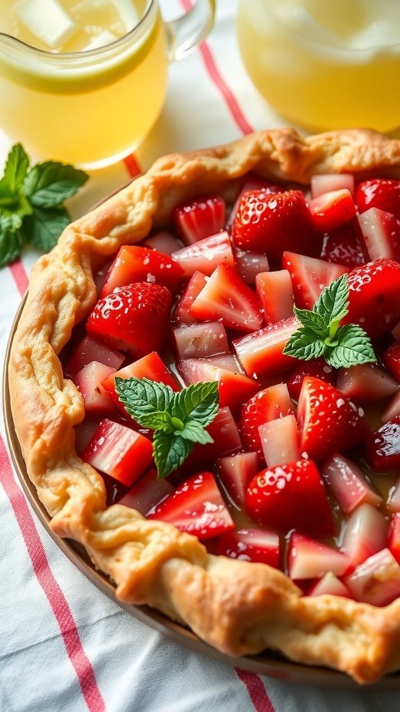 A delicious tangy rhubarb and strawberry tart with fresh mint leaves on top.