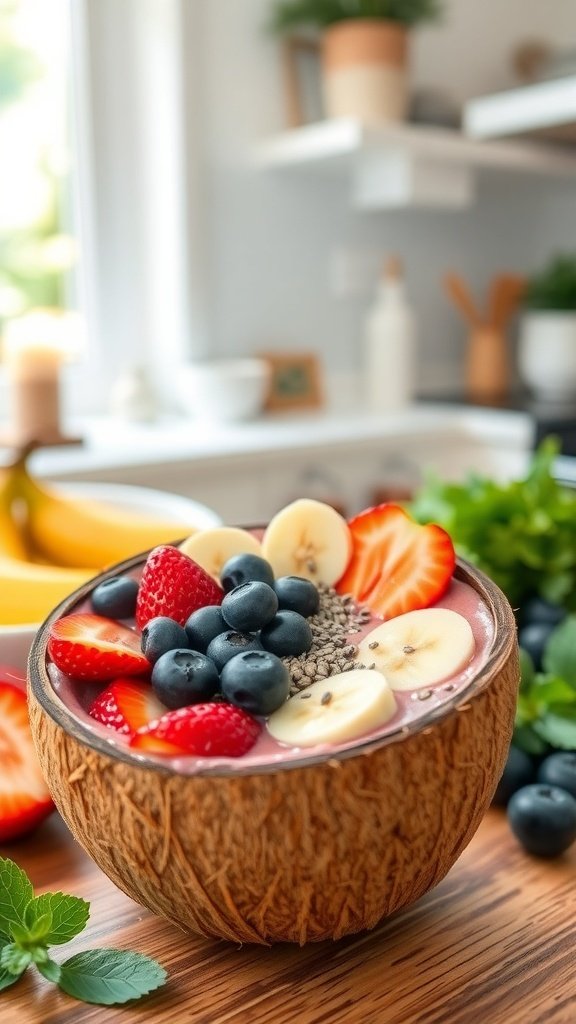 A colorful smoothie bowl topped with strawberries, blueberries, banana slices, and chia seeds, served in a coconut shell.