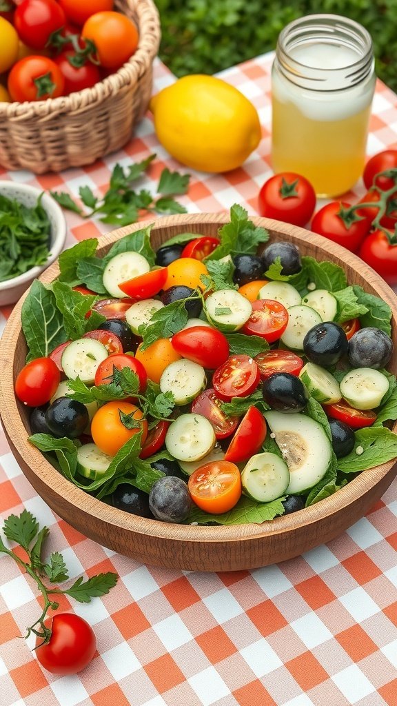A colorful salad with cherry tomatoes, cucumbers, and greens in a wooden bowl, surrounded by fresh ingredients.