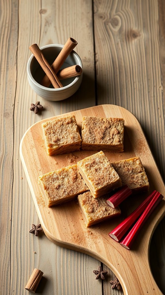 Spiced rhubarb cinnamon bars on a wooden board with cinnamon sticks and fresh rhubarb