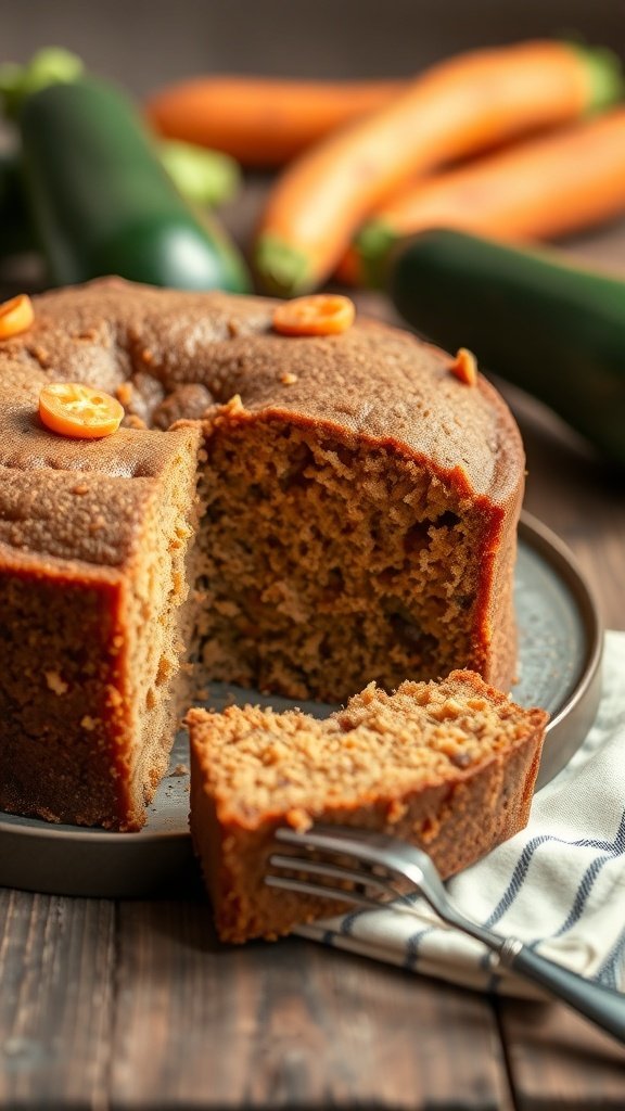 A slice of vegan carrot cake with zucchini, garnished with orange slices, surrounded by fresh carrots and zucchini.