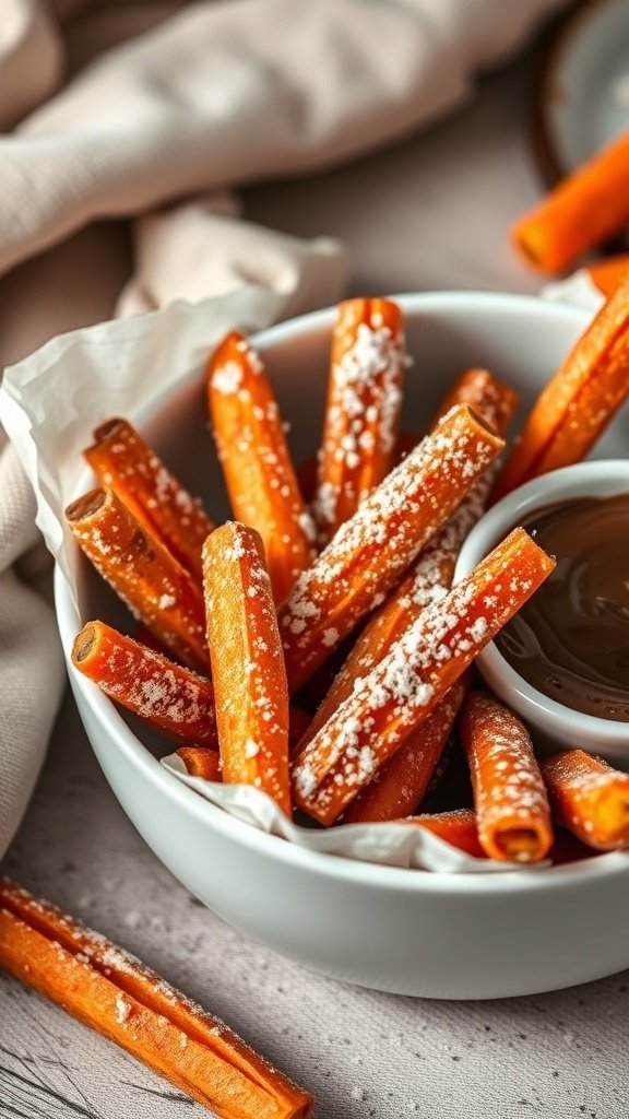 A bowl of cinnamon-sugar carrot fries with a side of chocolate dipping sauce.