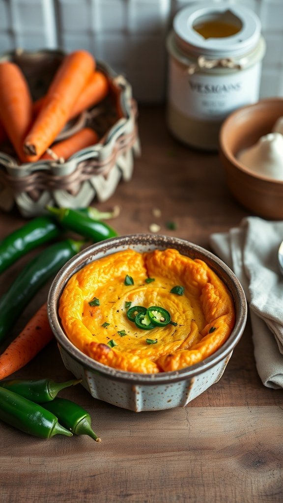 A delicious spicy carrot souffle topped with jalapenos, surrounded by fresh carrots and jalapenos on a wooden table.