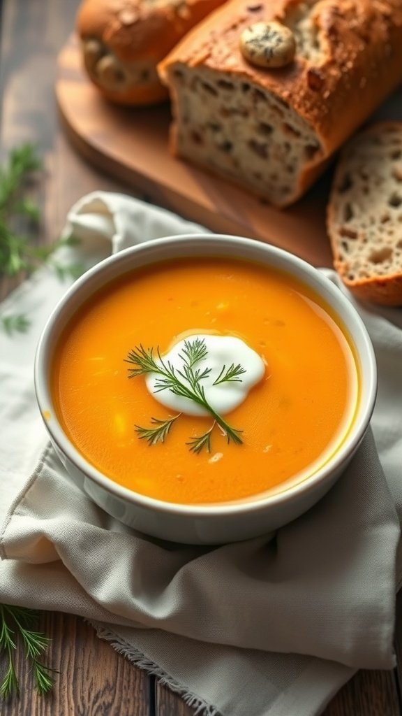 A bowl of creamy baby carrot and dill soup garnished with dill and a dollop of cream, with bread in the background.