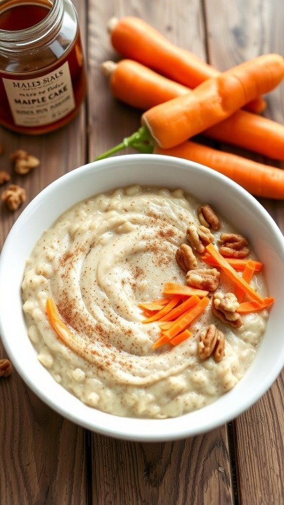 A bowl of carrot cake overnight oats topped with carrot shavings and walnuts, with a jar of maple syrup and fresh carrots in the background.