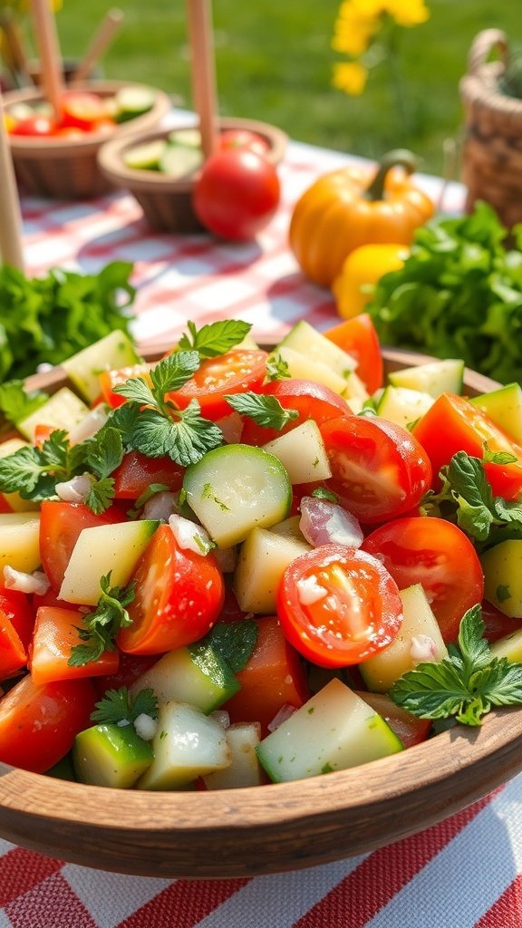 A colorful summer salad with tomatoes, cucumbers, and herbs in a wooden bowl.