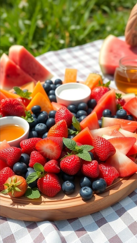 A vibrant summer charcuterie board filled with fresh fruits like strawberries, blueberries, and watermelon, garnished with mint leaves and served with honey and yogurt dips.