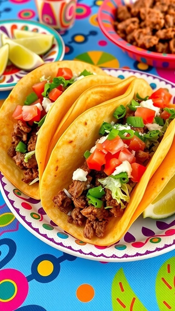 Three savory beef tacos topped with fresh salsa, served on a colorful plate with lime wedges.